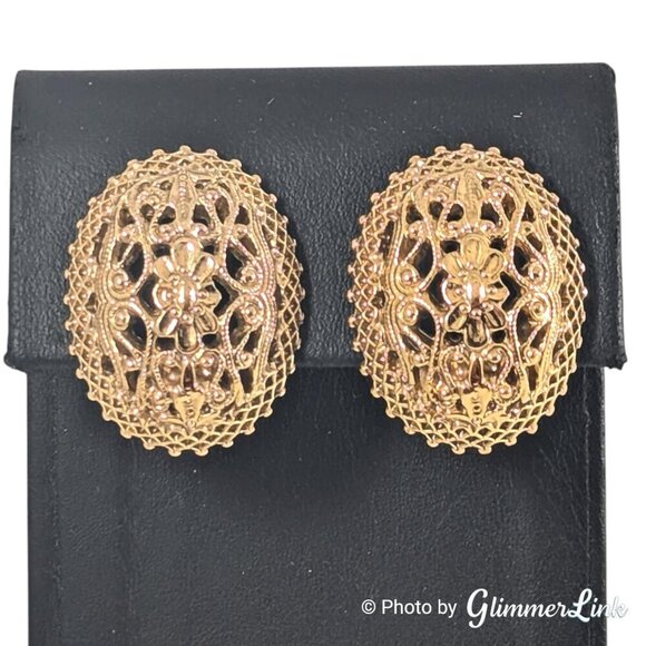 Vintage 1928 Co Oval Floral Filigree Lattice Dome Gold Tone Clip On Earrings - Picture 3 of 10